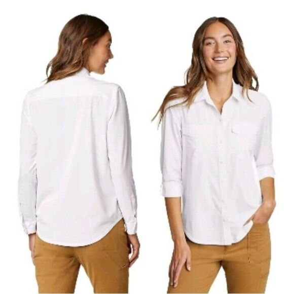 Eddie Bauer Women's Sz L Classic Departure Top UPF Button Down Wicking White $70 - Picture 1 of 7